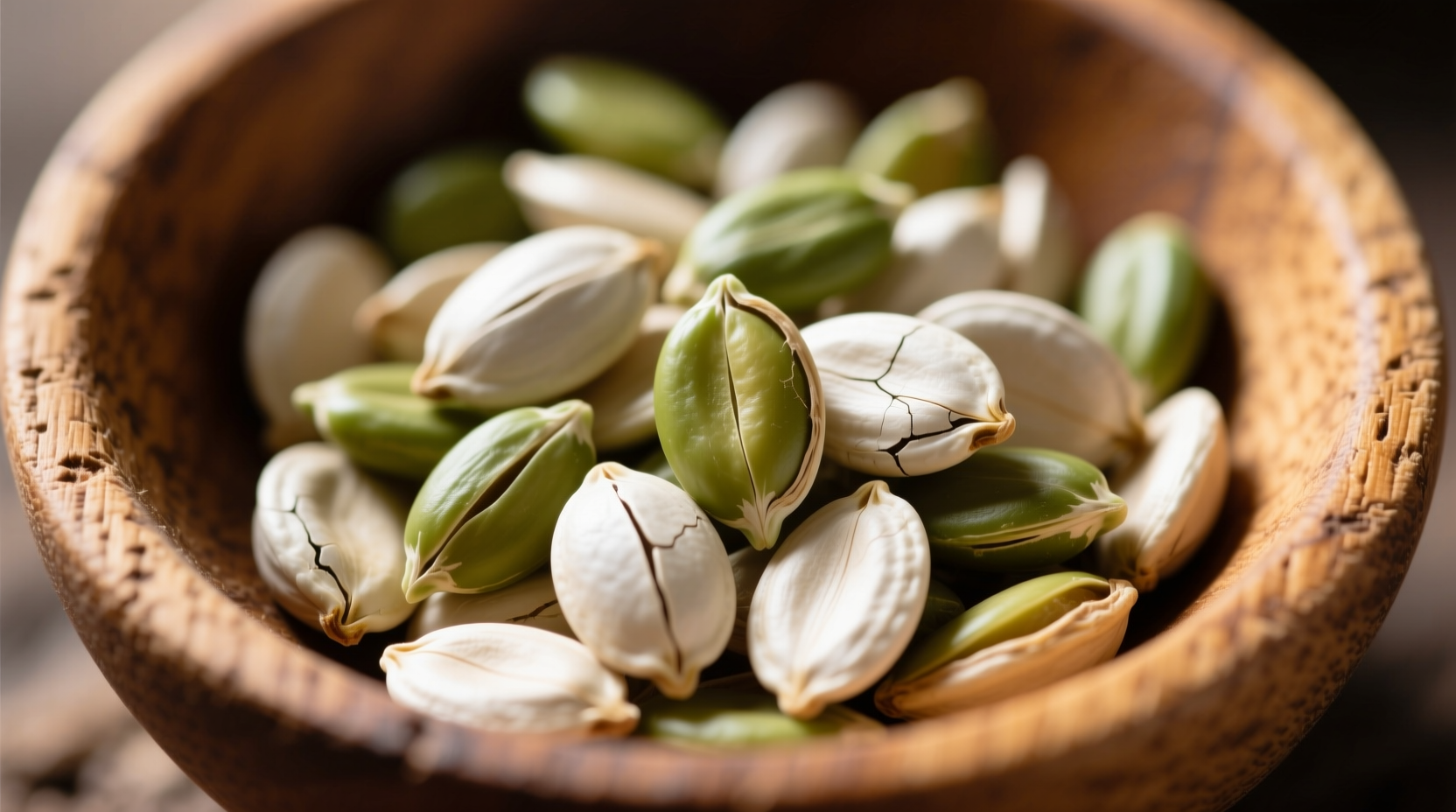 Close-up of raw pepita seeds in wooden bowl