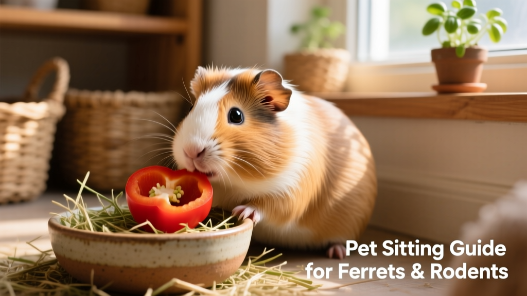 A guinea pig eating fresh bell pepper and hay from a shallow bowl