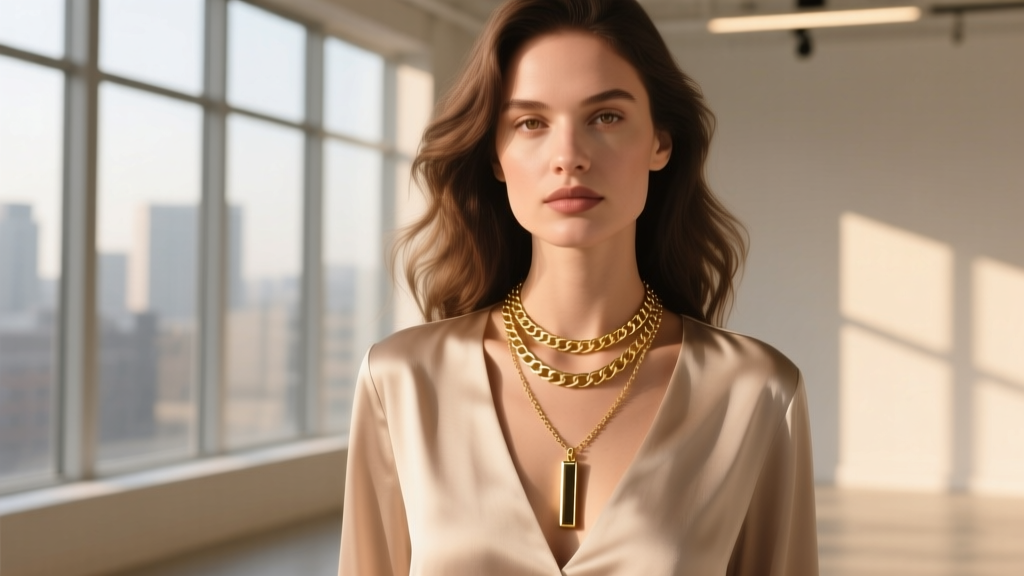 Woman wearing a layered stack with a 16-inch lyric bar pendant and an 18-inch gold box chain, bathed in warm natural daylight