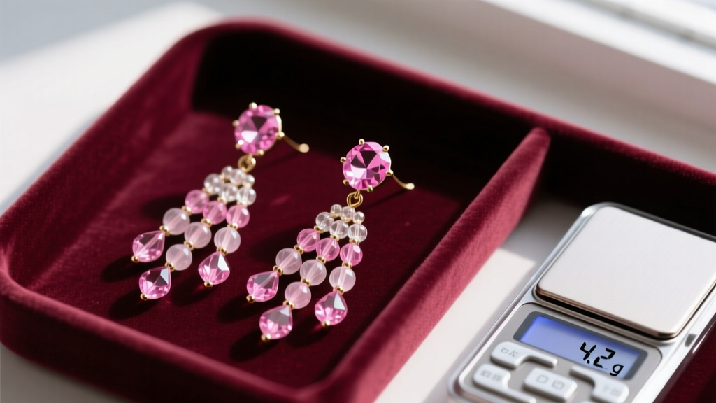 Finished pink gemstone and glass beaded dangle earrings on a velvet tray beside a digital jewelry scale reading 4.2 grams.