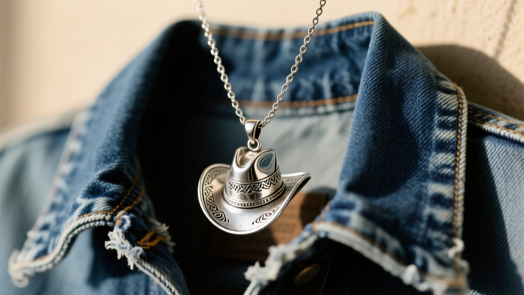 Sterling silver cowboy hat pendant on a delicate cable chain resting on a faded denim jacket collar in warm, soft natural light.