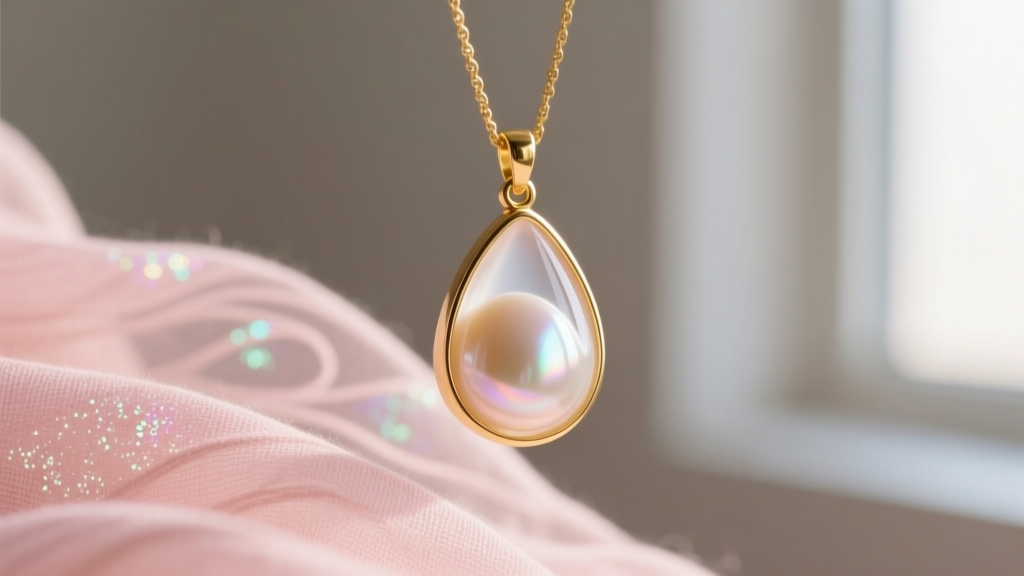 Teardrop breastmilk resin pendant in a 14k gold-filled bezel resting on soft pink linen with subtle shimmering mica powder swirls
