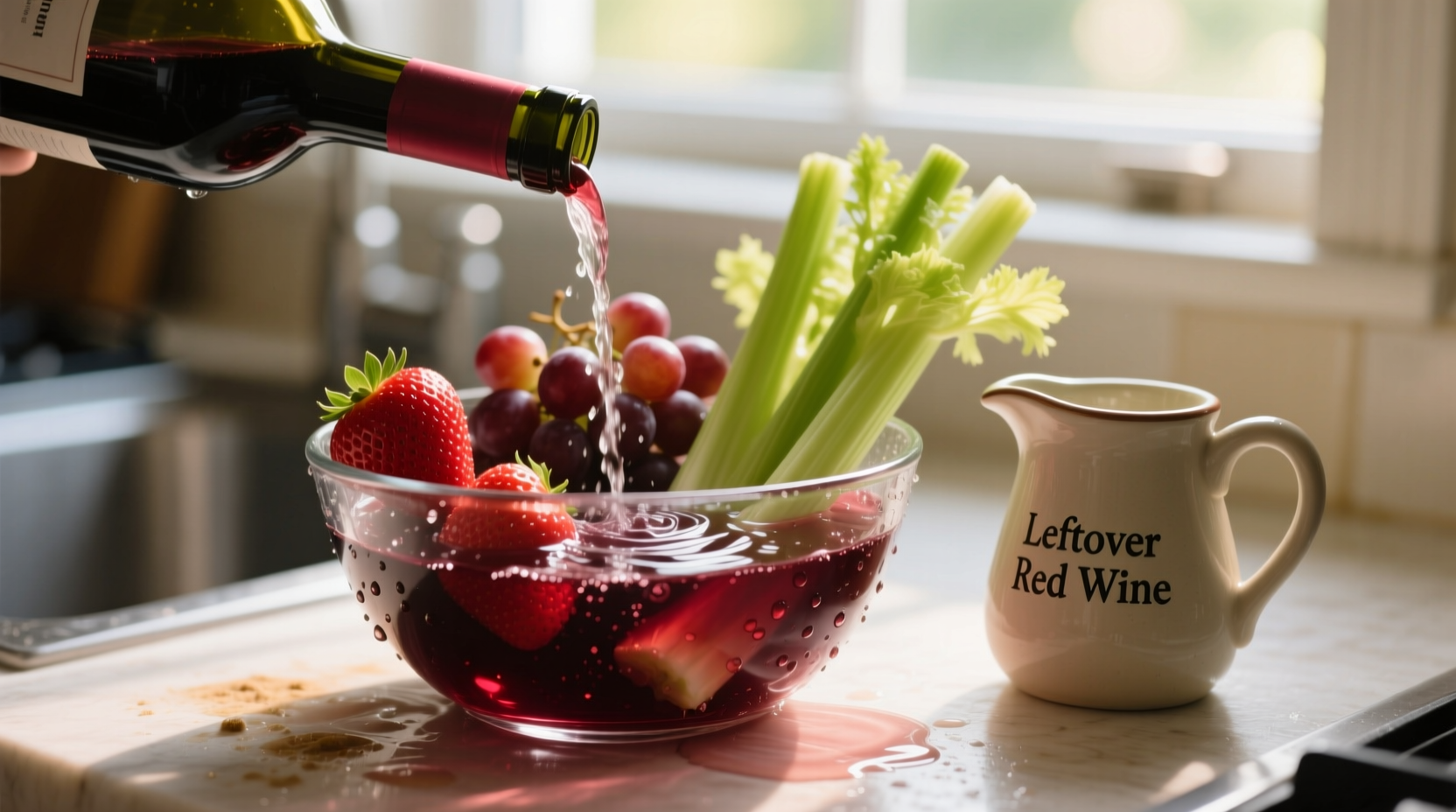 use leftover wine to rinse fruits and vegetables clean