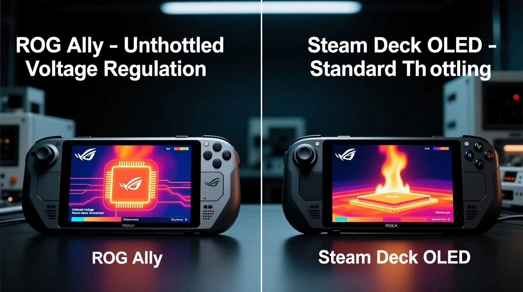 Side-by-side thermal imaging of ROG Ally and Steam Deck OLED during boot sequence, highlighting faster SoC stabilization on Ally due to unthrottled early-stage voltage regulation