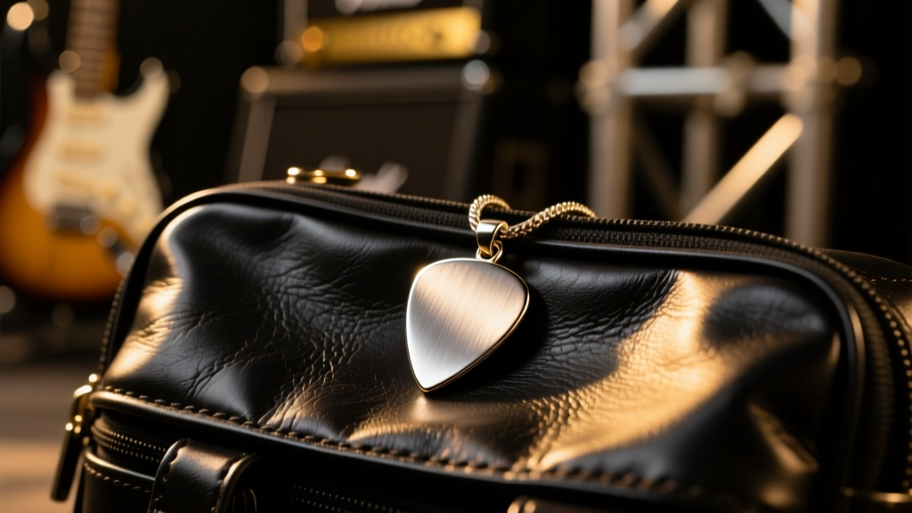 Close-up of a brushed stainless steel guitar pick pendant resting on a black leather gig bag, illuminated by warm stage lighting