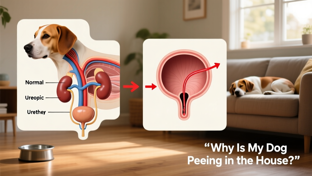Diagram illustrating normal canine urinary anatomy versus ectopic ureter condition