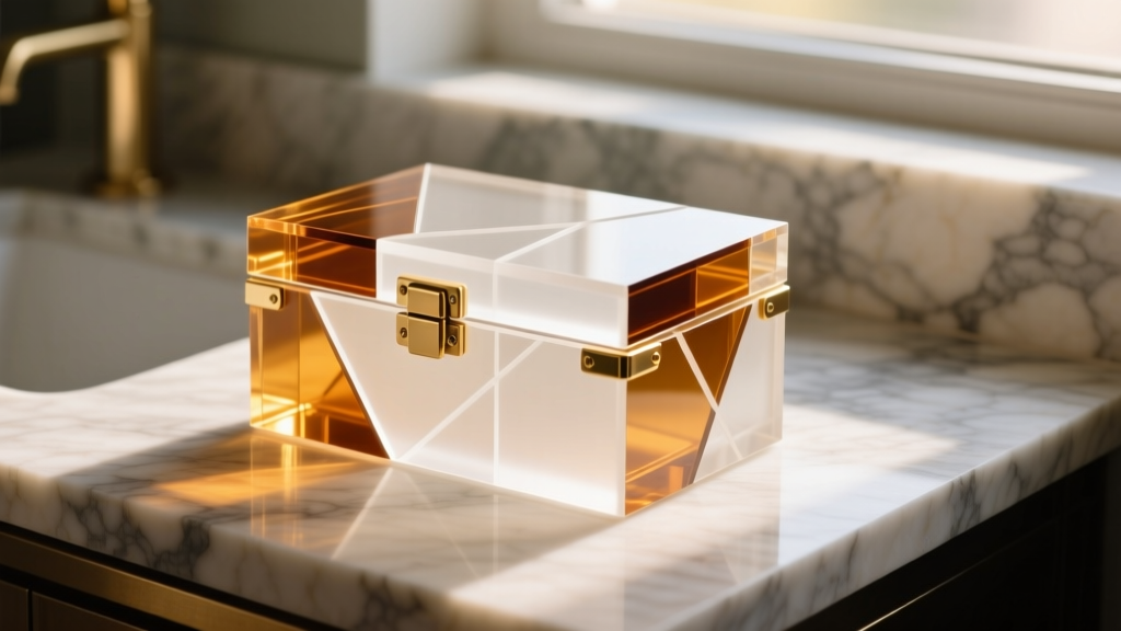 Modular cast acrylic jewelry box with brass hinges on a travertine vanity, illuminated by soft, warm morning window light