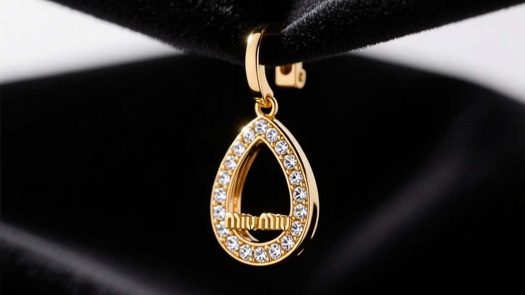 Macro shot of a Miu Miu crystal drop earring showing brass base, gold plating, and pave detailing on dark velvet.
