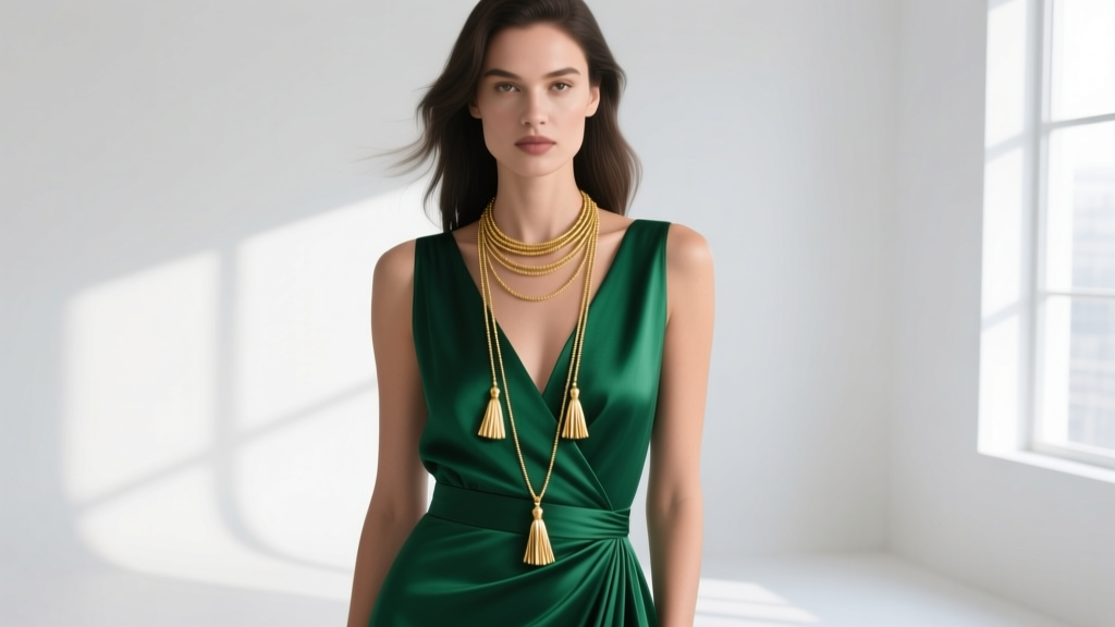 Woman wearing a deep V-neck emerald green wrap dress accessorized with a layered 28-inch and 32-inch long gold tassel necklace.