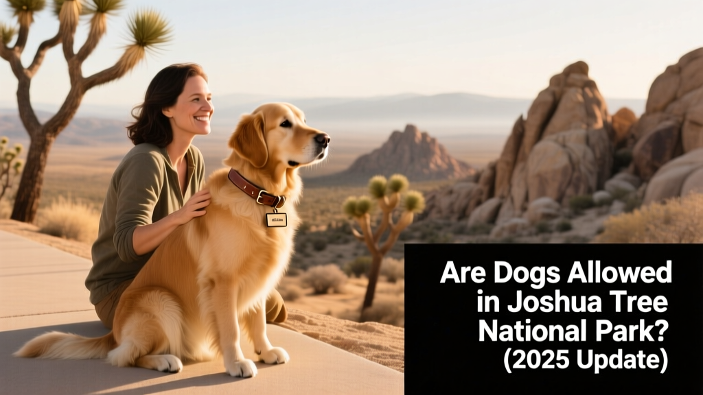 A dog sitting beside its owner on a paved viewpoint overlooking Joshua Tree’s rocky landscape