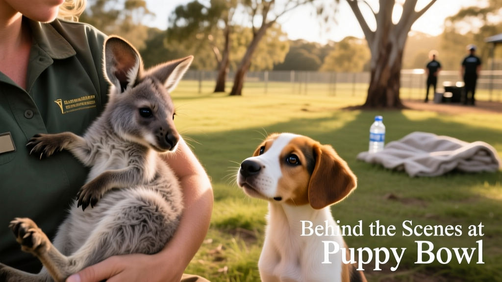 A baby kangaroo nestled gently in a handler's arms, with a curious puppy looking on nearby