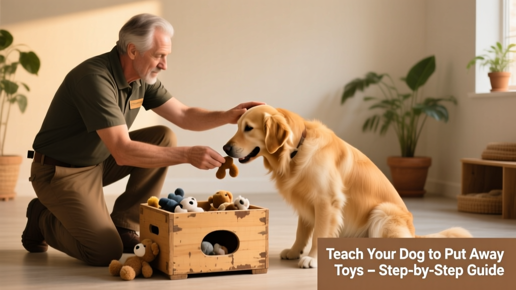A trainer kneeling beside a dog and a low toy box, gently guiding the dog’s head toward the box after a drop cue