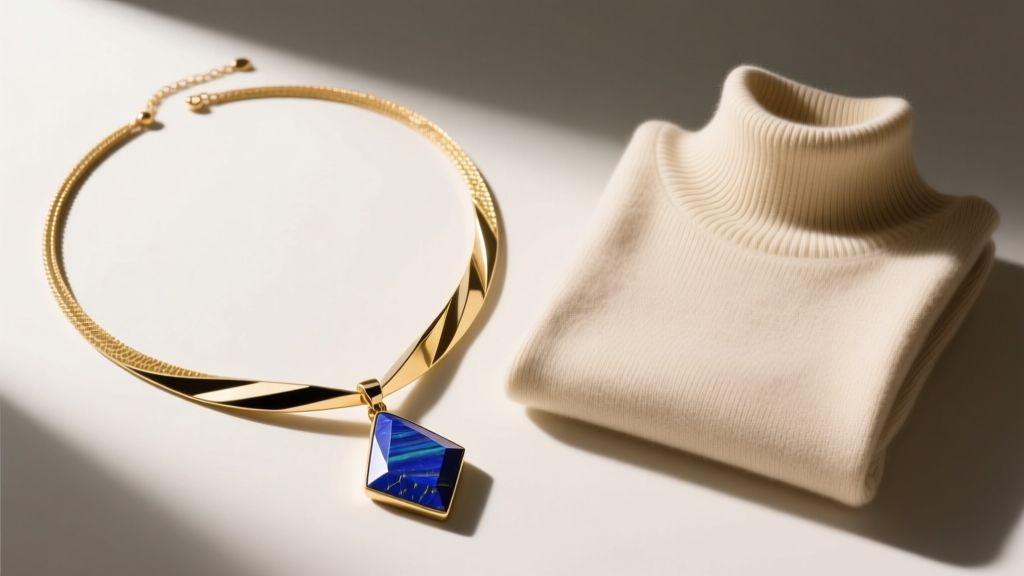 Flat lay of 30-inch gold lariat necklace with geometric lapis lazuli drop, styled next to folded beige cotton turtleneck sweater.
