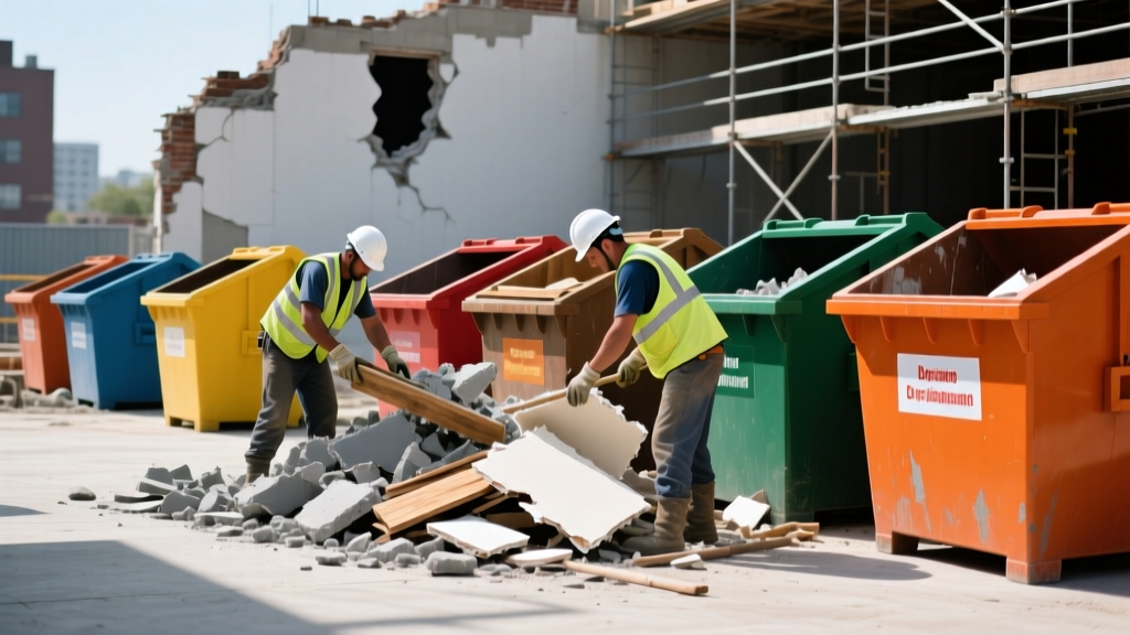 Construction workers sorting demolished concrete, wood, and drywall into separate color-coded dumpsters at a renovation site