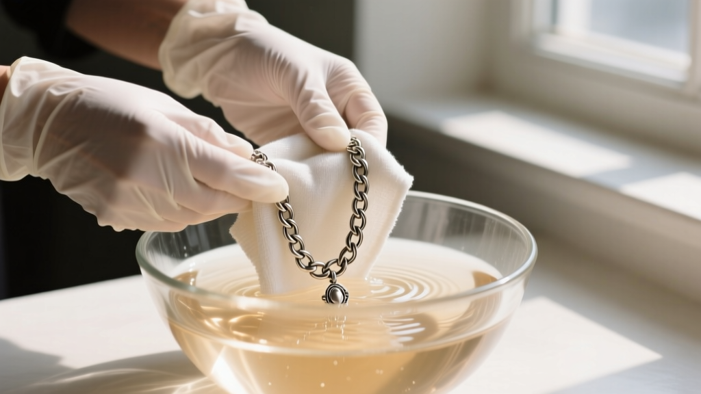 Cotton-gloved hands washing a pewter chain necklace in a glass bowl of warm soapy water using a soft lint-free microfiber cloth.