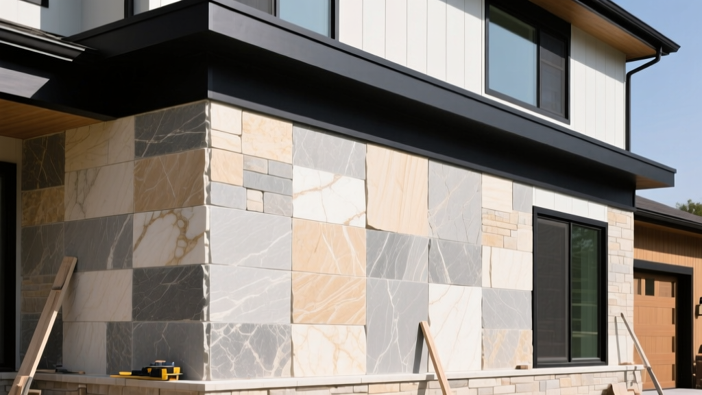 Close-up of manufactured veneer stone panels in weathered limestone tones being applied to a modern craftsman home exterior with dark trim