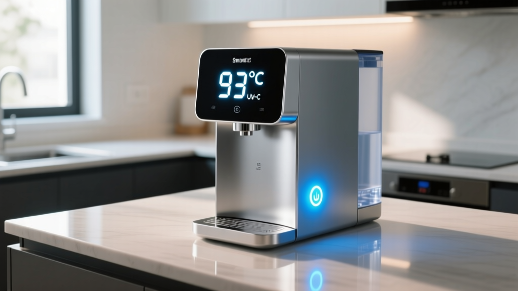 Digital LCD screen on a smart countertop water dispenser displaying 93C temperature and a glowing blue UV-C purification status light