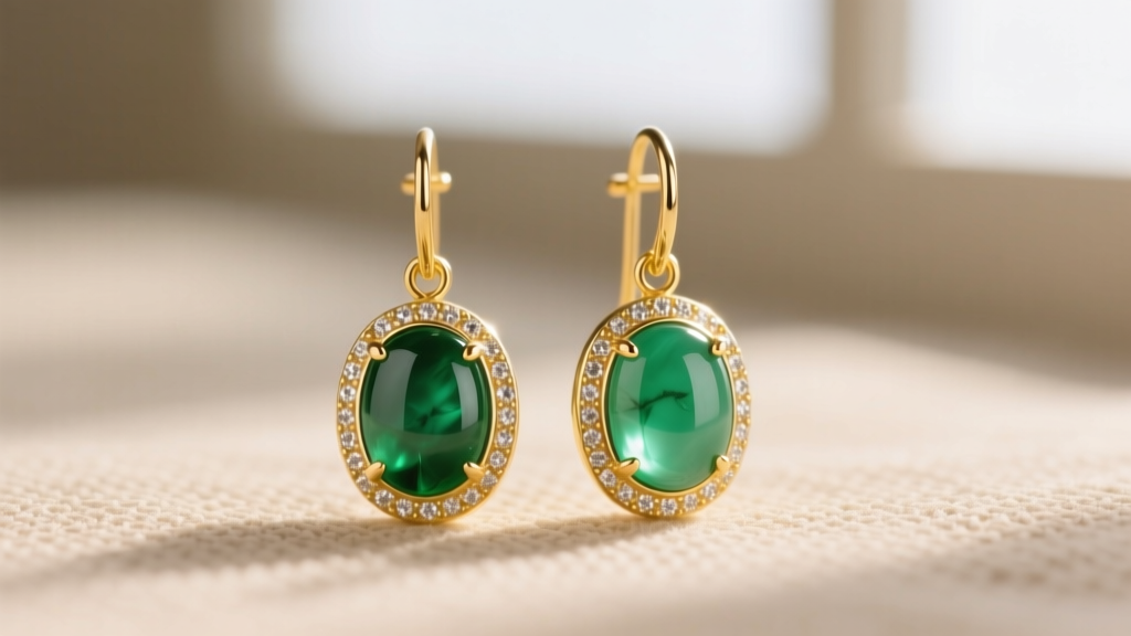 Macro shot of 18k yellow gold drop earrings with polished sage green chrysoprase cabochons against a neutral beige linen backdrop.