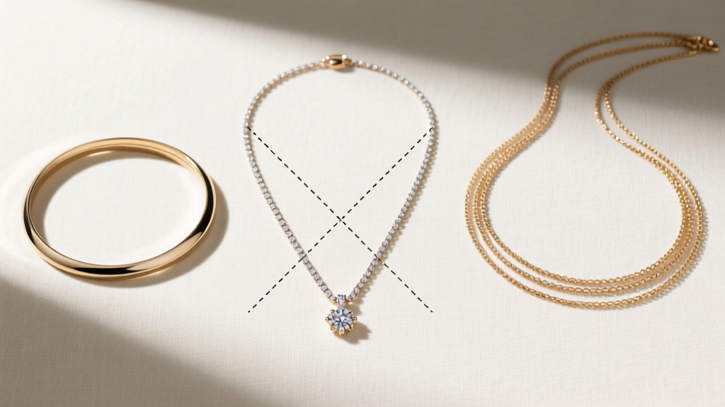 Flat lay styling board showing an 18-inch princess necklace crossing out, next to a 16-inch choker and 24-inch lariat necklace.