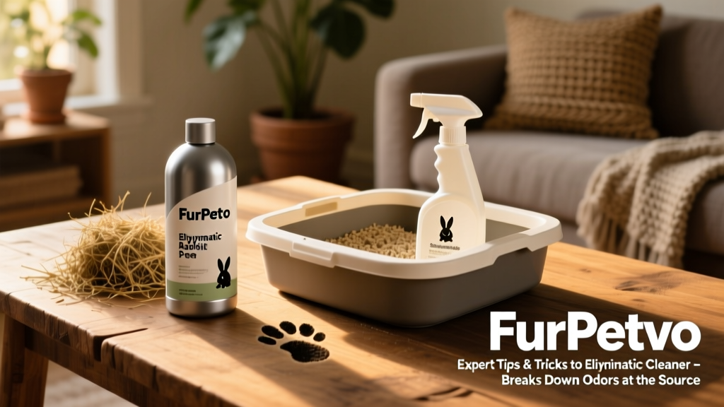Bottle of FurPetVo enzymatic cleaner next to rabbit litter box and spray bottle