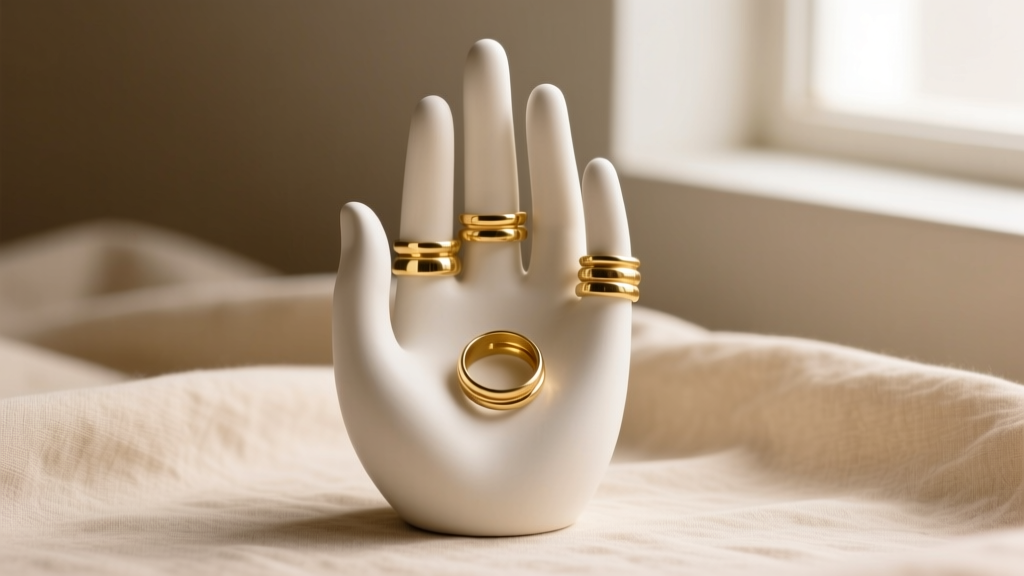 Matte white ceramic clay jewelry holder shaped like an abstract hand holding gold rings against a soft beige linen background
