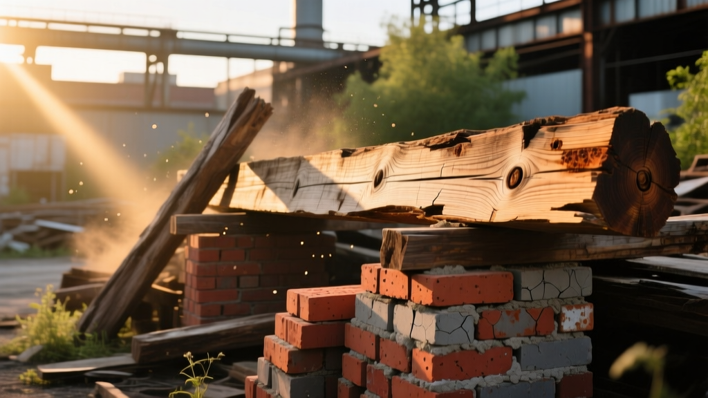 Weathered reclaimed timber beams and salvaged brick stacks displayed in an organized urban architectural salvage yard with warm sunlight.