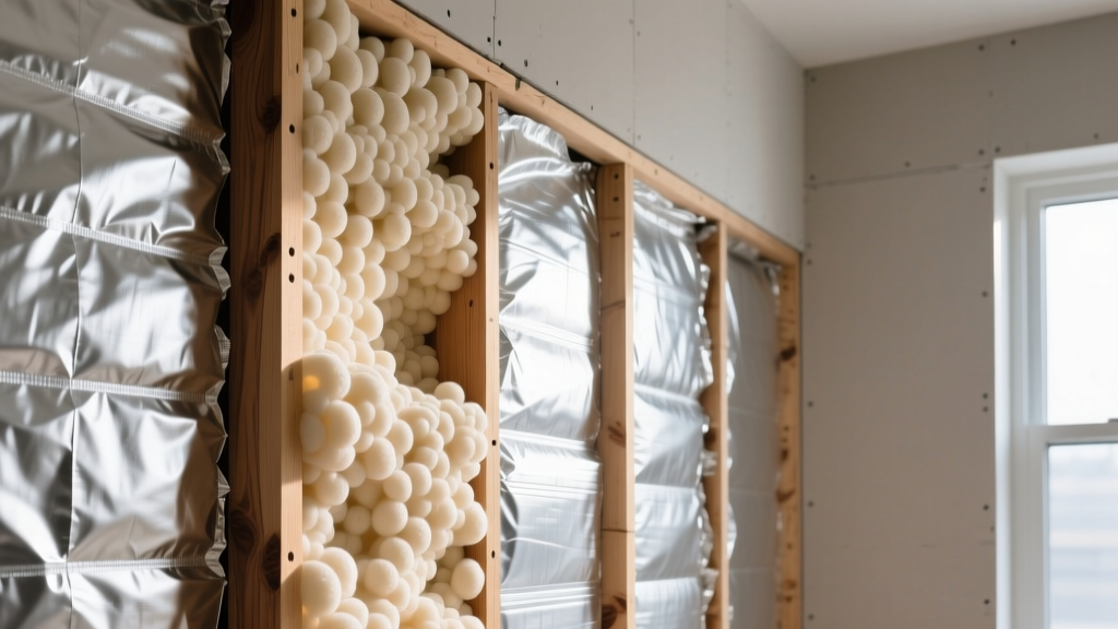 Modern wall cavity cross-section showing dense closed-cell spray foam expanding between wooden studs beside foil-faced rigid foam.
