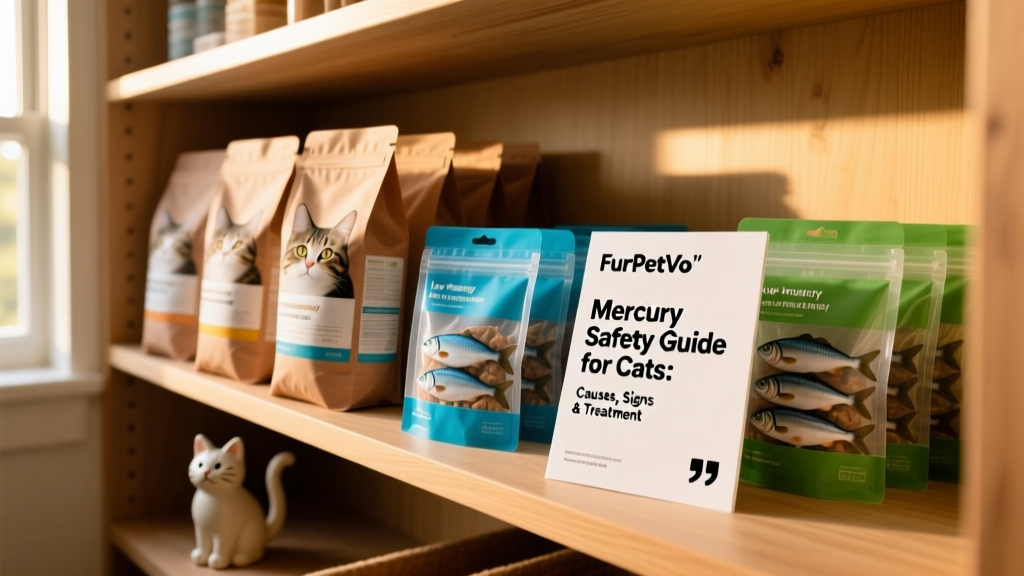 Neat pantry shelf showing FurPetVo cat food bags alongside clearly labeled low-mercury fish treats and a printed 'Mercury Safety Guide' pamphlet