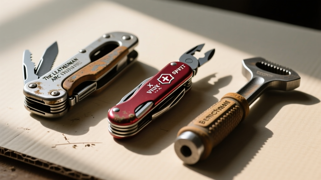 The Leatherman ARC next to a worn Victorinox SwissTool Spirit X and a Benchman Prybar, displaying edge wear after a 30-day cardboard cutting test.