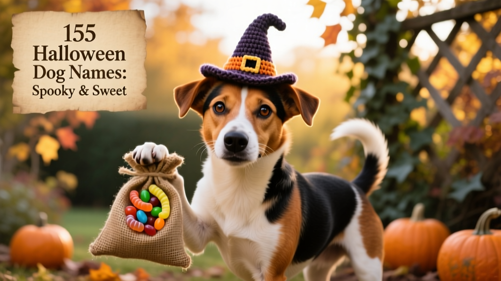 A playful terrier mix wearing a tiny witch hat and holding a candy bag