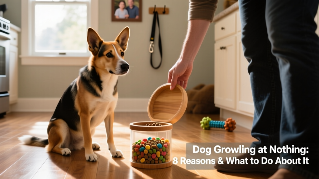 Dog sitting calmly beside an open treat jar, looking expectantly at owner