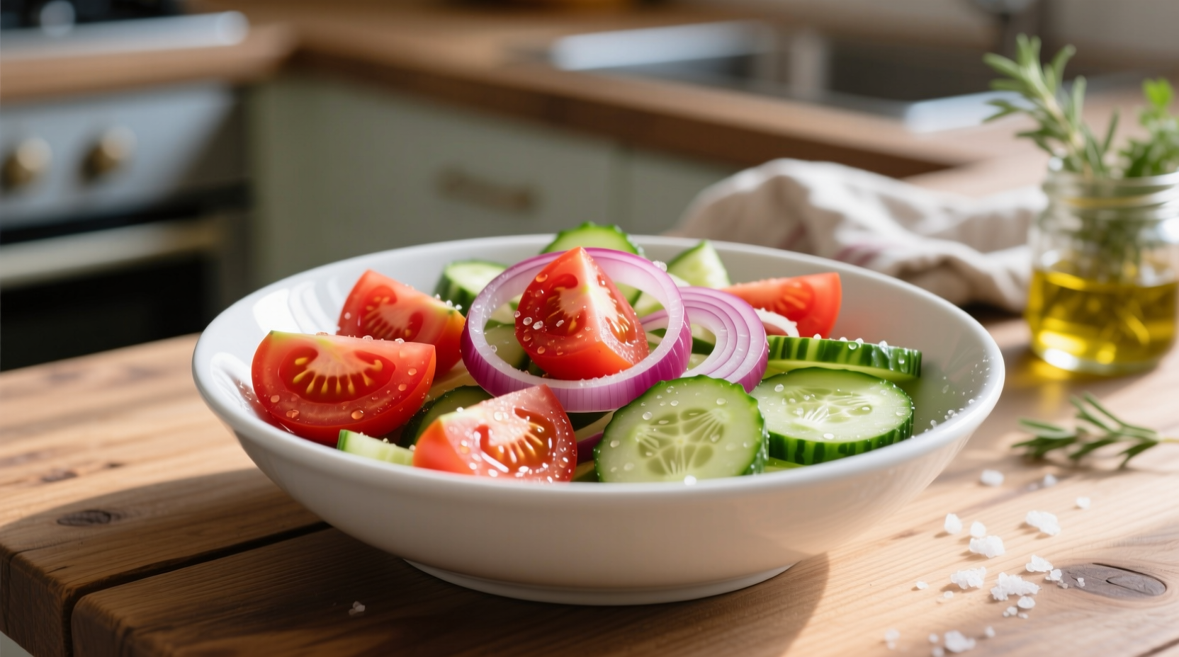 Fresh tomato onion cucumber salad in white bowl