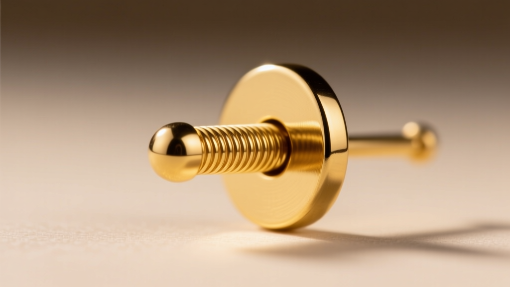 Macro showing internal threading of a 16 gauge gold piercing earrings stud connecting smoothly into a polished flat disc backing.