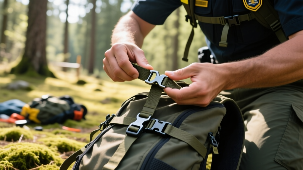 Hands practicing applying a tactical tourniquet on a backpack strap during a wilderness first aid training session.