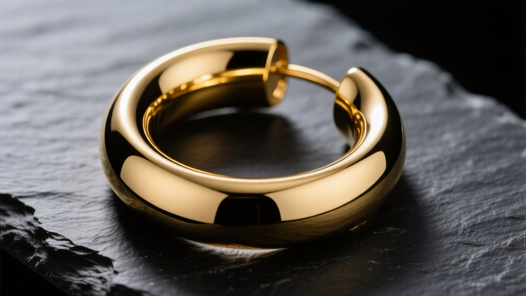 Macro shot of a massive hollow electroformed gold chunky hoop earring resting on dark slate under dramatic studio lighting
