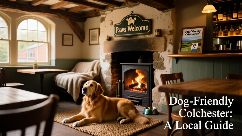 Cozy interior of a dog-friendly Colchester pub with a golden retriever resting near a fireplace