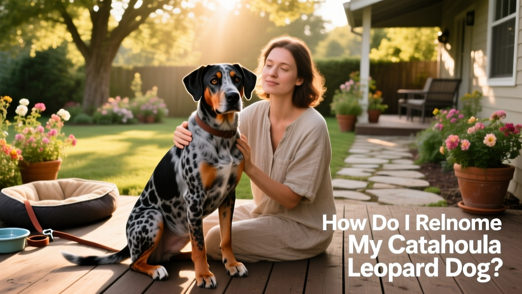 Catahoula Leopard Dog sitting calmly beside a person in a sunlit backyard
