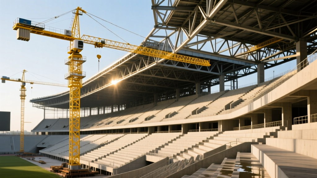 Modern sports stadium under construction, yellow cranes lifting steel roof trusses over precast concrete seating tiers.