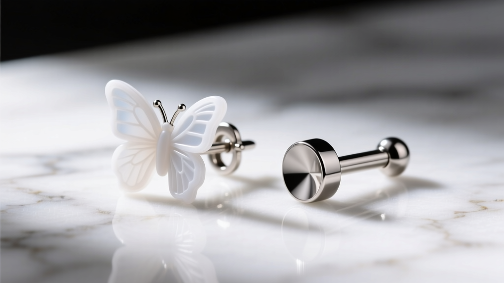Side-by-side macro comparison of a cheap butterfly earring back and a flat-back titanium labret stud on a white marble surface.