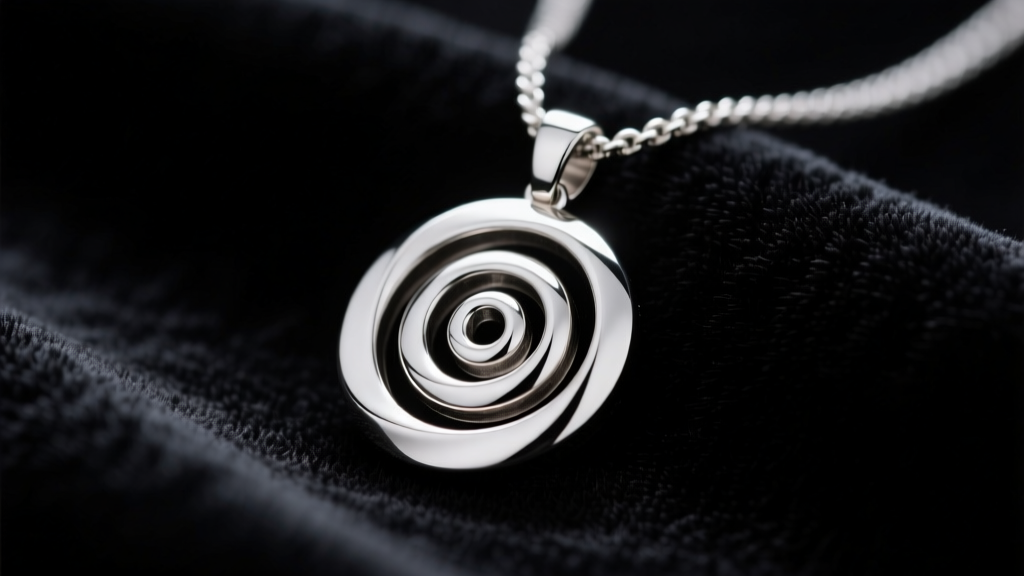 Macro shot of a steel spiral hypnosis necklace pendant on dark velvet, showing metallic grooves under soft light