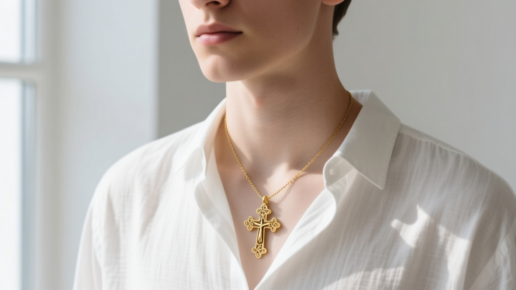 A person wearing a small simple gold baptismal Russian orthodox cross necklace tucked slightly under a crisp white linen shirt.