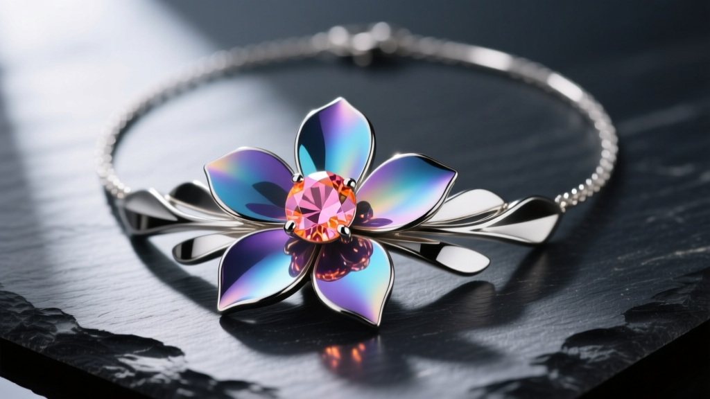 Designer flower necklace with anodized titanium petals and a lab-grown padparadscha sapphire center stone, resting on dark slate.