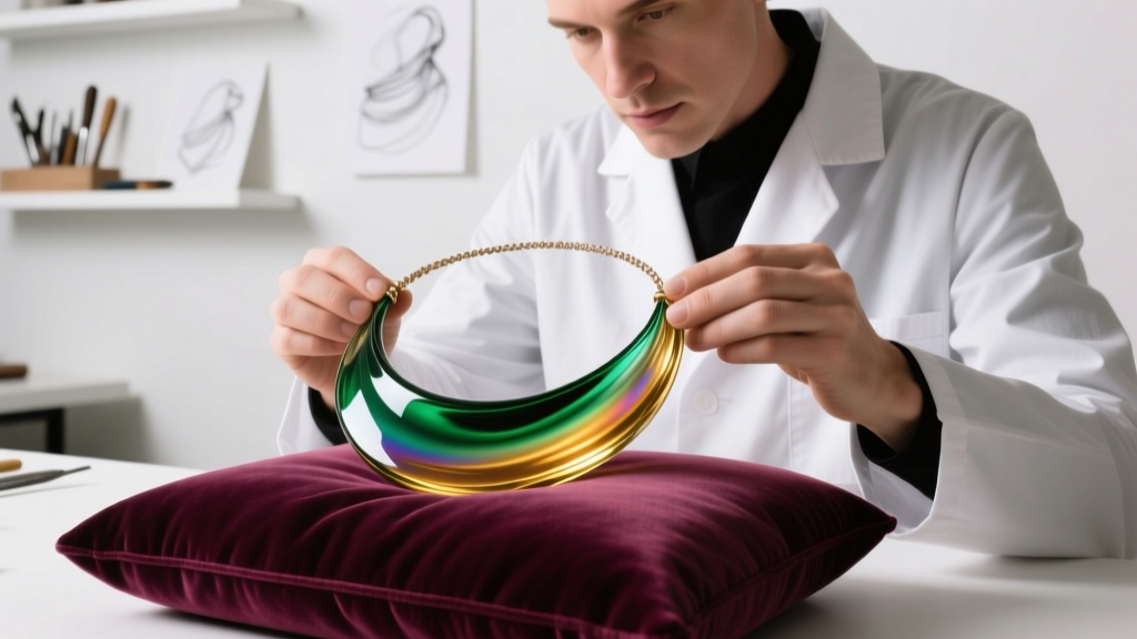 Jeweler inspecting a kiln-formed dichroic glass color changing necklace, revealing iridescent gold and green layers on velvet.