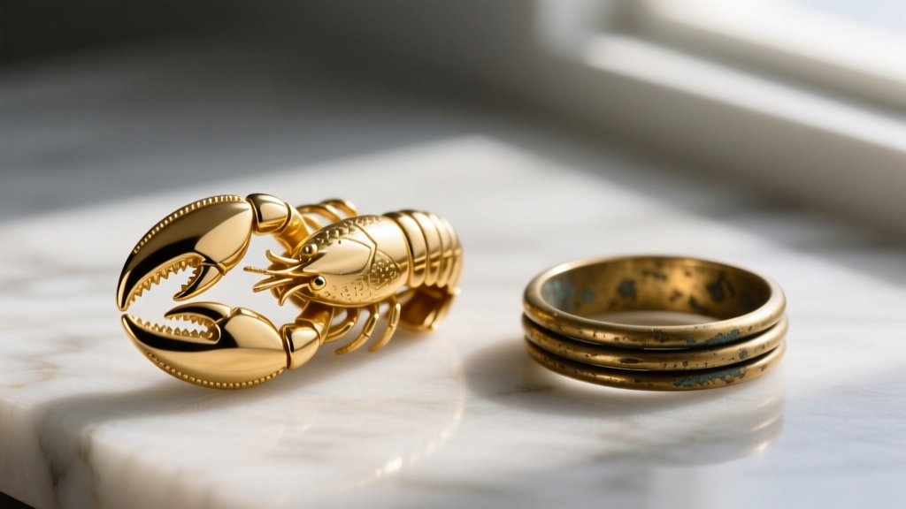 Macro shot of a 14k gold lobster clasp beside a tarnished brass spring ring, showing contrast in metal luster and fine jewelry build.