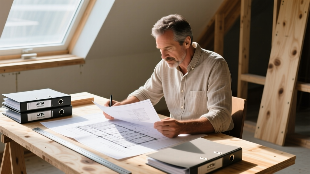 Architect reviewing structural blueprints and ASTM material specification binders on a sunlit construction site plywood desk