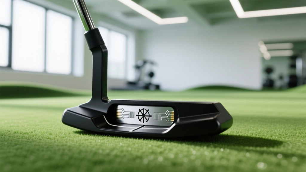 Close up of a high-tech 9-axis putting sensor attached to the shaft of a mallet putter resting on an indoor putting green
