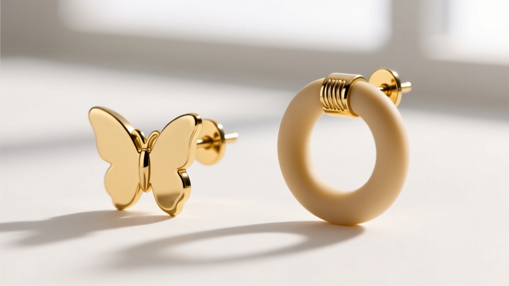 Side-by-side comparison of a standard loose butterfly earring back and a secure silicone locking O-ring back on a 20g gold post