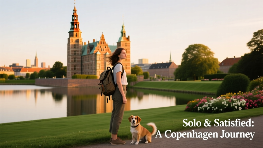 A solo female traveler standing beside Rosenborg Castle, home to the Danish crown jewels, with its copper spires and manicured gardens visible