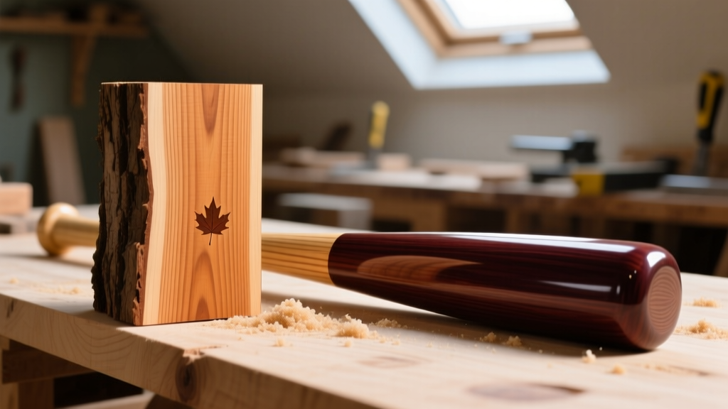 Close-up of a raw sugar maple wood billet with perfectly straight grain lines resting next to a finished professional baseball bat in a workshop