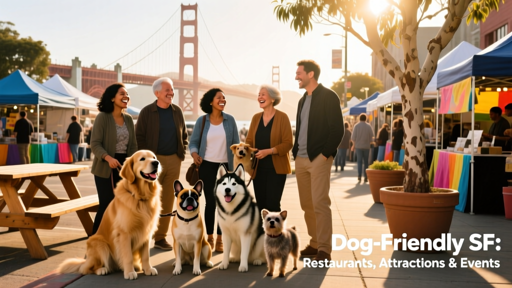 A diverse group of dogs and their owners smiling together at a sunny San Francisco street festival